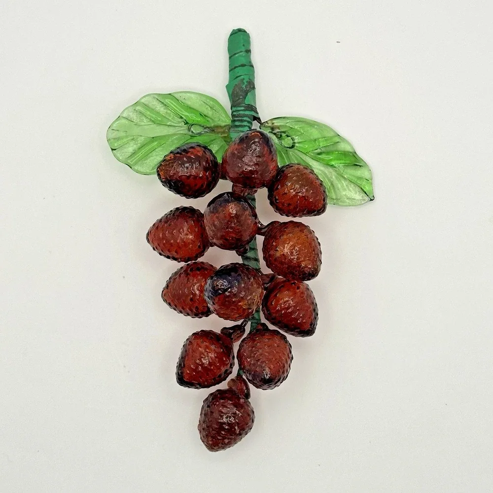 Textured Glass Berry Cluster Ornament Amber Red Green Leaves 6.5
